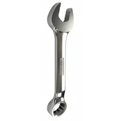 This 10 mm metric 12-point combination wrench features a chrome finish and offset design. It is constructed from alloy steel for strength. The wrench is suitable for tightening or loosening fasteners in industrial maintenance, automotive repair, and assembly applications.