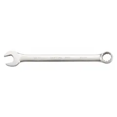 Alloy steel combination wrench with satin finish. Features a 55 mm 12-point box end and open end, offset design, and 26 3/8 in overall length. Used for tightening or loosening metric fasteners in heavy equipment maintenance, industrial machinery assembly, and large-scale piping work.