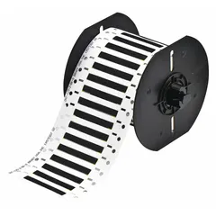 Precut sleeve label roll made of polyvinylidene fluoride with a black matte finish. Each label measures 1/8 in x 2 in and is designed for wire gauges 16 AWG to 20 AWG. Compatible with the i3300 printer series for on-demand wire identification and marking in industrial environments.