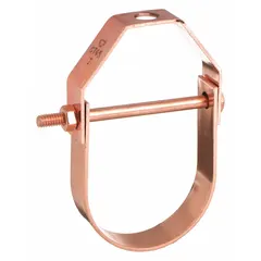 This steel clevis hanger with a copper-plated finish supports 1/2 in pipe from 3/8 in threaded rod. Rated for 150 lb load capacity, it is used in suspended piping systems for HVAC, plumbing, and mechanical installations where a non-cushioned hanger is required.