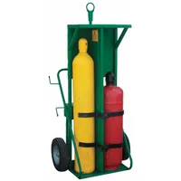 Side-by-side hand truck for transporting two welding gas cylinders. Features a 24 in wide by 13 in deep nose plate and Perma Clamp securing mechanism. Green finish. Suitable for moving cylinders in industrial, maintenance, and construction settings