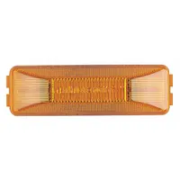 LED rectangular surface mount clearance light with amber lens and pigtail electrical connection. Features hole mount type, SAE P2 lens code, and IP67 rating for dust and water ingress protection. Used on trucks, trailers, and heavy equipment to indicate vehicle width and height