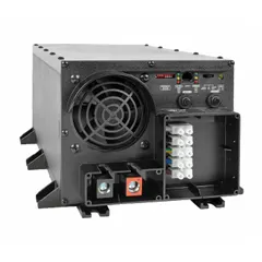 Single-unit inverter with battery charger converting 24V DC to 230V AC modified sine wave output. Features hardwired AC and DC connections, charger output of 24V DC, and inverter input/output of 230V AC. Suitable for backup power in industrial, telecom, and off-grid applications requiring AC power from a DC source.