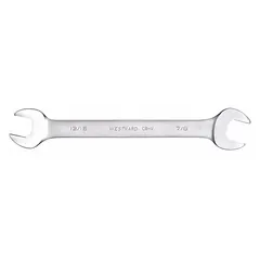 This double-end open end wrench is made of alloy steel with a satin finish. It features head sizes of 7/8 in and 13/16 in, with an overall length of 10 in. Used for tightening or loosening nuts and bolts in industrial maintenance, machining, and assembly applications.