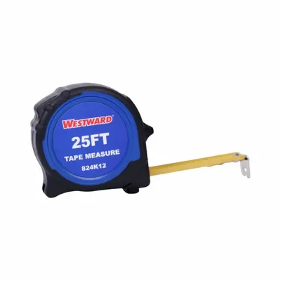 WESTWARD Tape Measure: Nonmagnetic Single Hook Tip, 25 ft, Plastic with Rubberized Grip - Standard (Inch) Tape Measures