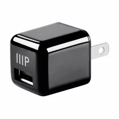This wall charger converts 110V AC power to a single USB output with a maximum current of 2.4 A. It is suitable for charging smartphones, tablets, and other USB-powered devices. The black casing houses the electronics for standard wall outlet use.