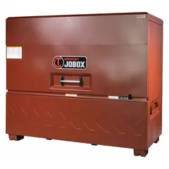 This piano-style jobsite box provides 87.4 cubic feet of storage capacity for tools and equipment. It features a padlock-compatible hasp for securing contents (padlock not included). The brown finish is suitable for outdoor use on construction sites and industrial facilities.