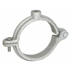 This split-ring hanger is made of electro-galvanized cast iron and is designed for suspending 1 1/2 in pipe from 3/8 in threaded rod. The swivel loop allows the hanger to rotate for alignment during installation. It is suitable for supporting piping in industrial and commercial systems.