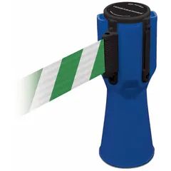Plastic barrier tape belt with blank legend, designed for use with traffic cones. White belt with blue housing, 9-inch belt height, 3/4-foot overall height, and maximum belt length of 11 7/8 feet. Used to create temporary barriers for pedestrian or vehicle control at work sites and events.