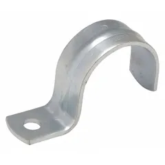 Steel surface mount clamp for 2-inch EMT conduit and pipe. Electroplated gray finish with corrosion resistance. Screw-on mounting with 0.47 in hole diameter. UL listed.