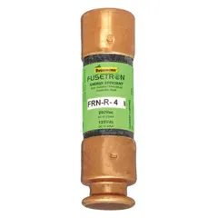 The BUSSMANN FRN-R-4 is a Class RK5 time-delay cylindrical fuse rated 4 A at 250 V AC and 125 V DC. It is non-indicating and part of the FRN-R series. This fuse is used for overcurrent protection in motor circuits, lighting, and control transformers, where its time-delay characteristic accommodates inrush currents to avoid nuisance opening.