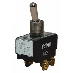 SPDT panel-mount toggle switch with On/Off/On function. Rated 10 A at 277 V AC and 3/4 hp. Screw terminal connections. Suitable for industrial control applications such as conveyors, pumps, and machine tools requiring three-position switching.