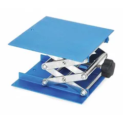 Aluminum lab lift with a 10 by 10 inch platform, adjustable height from 3 1/2 to 13 inches. Used to safely raise and position laboratory equipment, glassware, or containers to an ergonomic working height in lab and research settings.