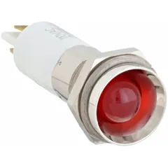 Red LED pilot light with protruding head for panel mounting. Features a 0.11 male quick disconnect electrical connection. Used in industrial control panels, machinery, and equipment for visual indication of power status, alarms, or operational states.