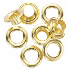 Round brass grommet with 0.38 in inside diameter, 0.81 in outside diameter, and 0.12 in overall thickness. Used to reinforce holes in sheet metal, fabric, or leather, providing a corrosion-resistant bushing for cable pass-through or fastener clearance in industrial enclosures and assemblies.