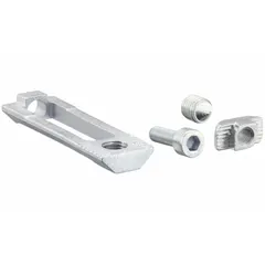 Steel drop-in milling connector for 8 mm slot width, measuring 57.5 mm x 18 mm x 6.8 mm. Zinc-plated finish. Part of the 40 Series. Used to join aluminum framing profiles in structural framing systems.
