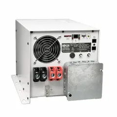This single-unit inverter with battery charger converts 12V DC battery power to 120V AC pure sine wave output, delivering 6000 W peak power. It accepts 120V AC or 12V DC charger input and provides 120V AC charger output. DC connection is via input terminals. Typical applications include powering sensitive electronics, appliances, and tools in RVs, boats, and off-grid systems.