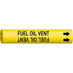 Yellow pipe marker with black legend 'Fuel Oil Vent' and directional arrows. Snap-on design fits pipe outer diameters from 2-1/2 to 3-7/8 inches. Used to identify fuel oil vent lines in piping systems, supporting clear content and flow direction indication.