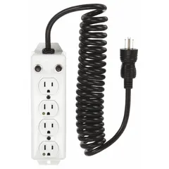 UL 1363A listed power strip with 4 outlets, 10 ft cord, 15 A rating, and 5-15P plug. White finish, 2 1/2 in width, keyhole mounting. Suitable for powering medical equipment and patient-care devices in healthcare settings.