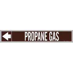 Brown adhesive pipe markers with white 'Propane Gas' legend and directional arrows. Each roll contains 25 markers designed for pipe outer diameters from 2-1/2 to 6 inches. Used to identify propane gas lines in industrial piping systems, aiding in safety and maintenance.