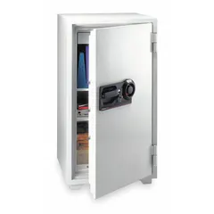 Free-standing security safe with 5.78 cu ft capacity, constructed from steel. Fire rated for flame/fire resistance. Equipped with a mechanical combination lock and 5 live locking bolts. Suitable for protecting documents and valuables in home or office environments.