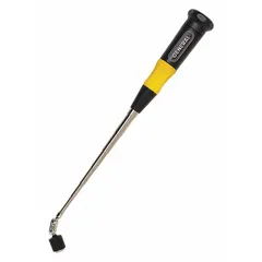 This hinged magnetic pickup tool features a neodymium magnet with a pull capacity of 10 to 19.9 lb. It has a rigid stainless steel telescoping shaft and an ergonomic plastic handle. Used for retrieving ferrous metal objects from confined spaces such as machinery, drains, or ducts.