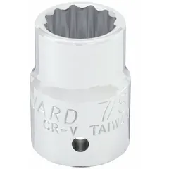 This 3/4" drive hand socket features a 13/16" SAE hex size with a 12-point standard configuration. The chrome finish provides corrosion resistance. Commonly used in automotive repair, heavy equipment maintenance, and industrial assembly for tightening or loosening fasteners.