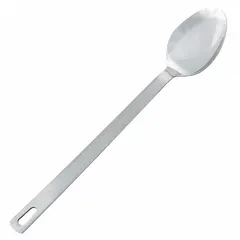 Serving spoon with a 15-inch overall length, constructed from silver stainless steel. Suitable for basting and serving tasks in food preparation environments. Not NSF certified.