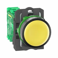 Non-illuminated momentary push button transmitter with 22 mm panel mounting size. Features a yellow plastic operator and plastic body. Part of the XB5R series. Used for remote machine control in industrial environments, sending momentary signals to a receiver for starting, stopping, or commanding equipment.