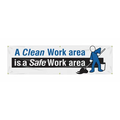 ACCUFORM Safety Banner: Poly Sheeting, 28 in x 96 in Nominal Sign Size, Indoor/Outdoor - A Clean Work Area Is A Safe Work Area Banners
