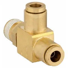 Brass push-fit tee adapter with two ports for 1/4 in OD tubing and one port with 1/8 in pipe thread. Used to create branch or distribution points in compressed air circuits, such as air brake systems and pneumatic networks. Corrosion-resistant brass construction.