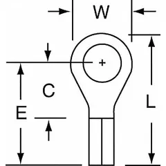 Non-insulated ring terminal for #10 stud size, accepting 16 AWG to 14 AWG wire. Rated 600 V with butted barrel and seam construction. Used for secure electrical connections in control panels, machinery, and power distribution.
