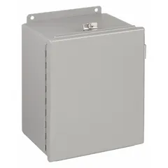 This WIEGMANN steel enclosure measures 10 x 8 x 4 inches and is rated NEMA 12/13/4. It features a solid hinged cover secured by clamps and does not include knockouts. Suitable for protecting electrical controls, terminals, and instruments in environments requiring protection from dust, dirt, dripping non-corrosive liquids, and hose-directed water.