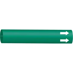 Green strap-on pipe marker for pipes with outer diameter 8 to 9-7/8 inches. Includes arrows for flow direction indication. Used to identify pipe contents in industrial facilities.