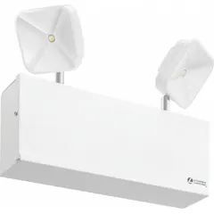 Steel emergency light with LED technology for damp locations. Surface mount, 120-347 V input, 3.5 W lamp wattage. Corrosion-resistant white housing, adjustable lamp heads, remote capable. UL Listed.