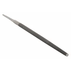 Single-cut round file with safe edge and smooth cut, 6 in length without tang and 7/32 in thickness. Tapered slightly towards the point with a natural finish. Used for enlarging holes, filing curved surfaces, and smoothing internal radii in metalworking.