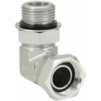 Steel hydraulic hose adapter with female NPSM and male ORB connections. 90° swivel elbow design allows flexible routing in confined spaces. Used to connect NPSM female threads to ORB male threads in hydraulic systems
