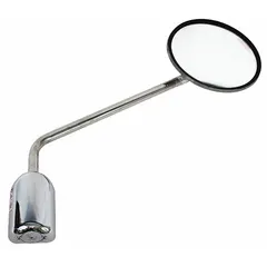 Round convex mirror for passenger side of driver/passenger vehicles. Provides wide-angle view to reduce blind spots. Fixed arm design. Suitable for trucks, vans, and commercial vehicles requiring enhanced side visibility.