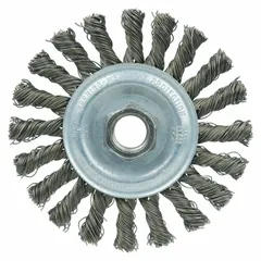 Steel cable twist knot wheel with 0.02" fill, 4" diameter, 1/4" width, and 5/8"-11 arbor. Designed for aggressive surface preparation on flat carbon steel surfaces, removing rust, scale, and weld splatter.