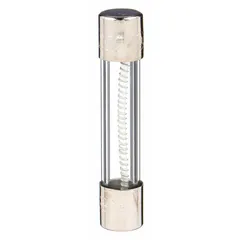 Time-delay cylindrical fuse rated 25 A, 32 V AC, with a 1/4 in x 1 1/4 in body. Designed for overcurrent protection in circuits with inductive loads such as motors and transformers, where temporary inrush currents occur.