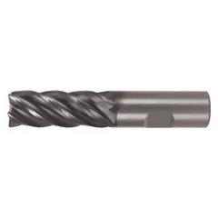 Carbide square end mill with AlTiN coating for heat resistance and wear protection. 5-flute geometry enables faster feed rates in production milling. 6 mm mill diameter, 13 mm length of cut, 57 mm overall length. Designed for high-speed machining of steel and cast iron.