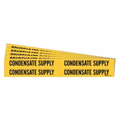 Yellow adhesive pipe marker with black legend reading 'Condensate Supply'. Fits pipe outer diameters from 3/4 to 2-3/8 inches. Pack includes 4 markers without arrows. Used to identify condensate supply lines in steam and HVAC systems for clear pipe labeling.