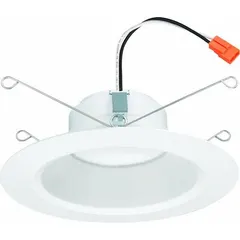 Universal trim module for 5-in/6-in diameter retrofit downlights. Delivers 900 lm at 12 W with selectable CCT (2700K/3000K/3500K/4000K/5000K) and 90 CRI. Operates on 120V AC. White finish. Suitable for ceiling downlight retrofits in commercial and industrial spaces.