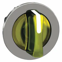 This illuminated selector-switch operator from the XB4 series features a metallic bezel and a three-position action (momentary/maintained/momentary). It is designed for 30 mm panel mounting and is used in industrial control panels for selecting machine modes or functions. No cam is included.