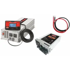 This multi-unit inverter with battery charger converts 10.5 to 15V DC battery power to 120V AC modified sine wave output, with a peak output of 4000 W. The built-in charger accepts 105 to 130V AC input and delivers a regulated 13.2V to 14.4V DC output for battery charging. Suitable for mobile, marine, and backup power applications requiring both AC power and battery maintenance.