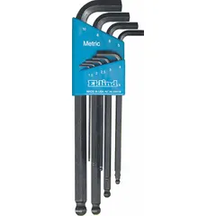 This L-shaped hex key set includes 10 pieces: stubby, ball-end, long, short, and standard L-keys in metric sizes. The black oxide finish provides corrosion resistance. The set is suitable for tightening or loosening hex socket screws in confined spaces, common in assembly and repair tasks.