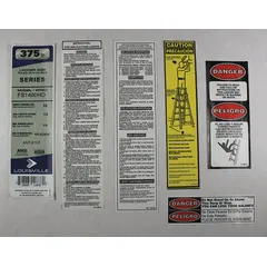 Replacement label kit for Louisville Ladder models FS1403HD, 1CMR3, 1CMR4, 1CMR5, 1CMR6, 1CMR7, 33J674, 36Y477, and 36Y478. Provides safety and compliance labels for material handling ladders used in industrial and warehouse environments.