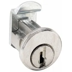 Keyed cam lock with quarter-turn clockwise unlock operation. Constructed from zinc die-cast with a nickel finish. Suitable for securing cabinets, lockers, and enclosures in industrial and commercial settings.