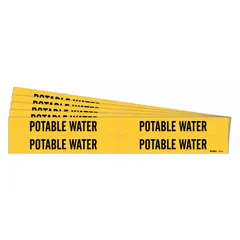 Yellow adhesive pipe marker with black legend reading 'Potable Water', designed for pipes with outer diameters from 3/4 to 2-3/8 inches. Each pack contains 4 markers without arrows, sold in a 5-pack quantity. Used to identify drinking water lines in piping systems.