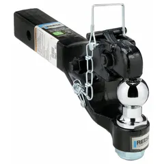 This REESE pintle hook and ball mount combo is a Class V hitch mount with a 2 in x 2 in steel shank and a powder-coated finish. It supports a gross vehicle weight capacity of 12,000 lb and a tongue weight of 2,400 lb, suitable for towing heavy trailers, equipment, or machinery in industrial and agricultural settings.